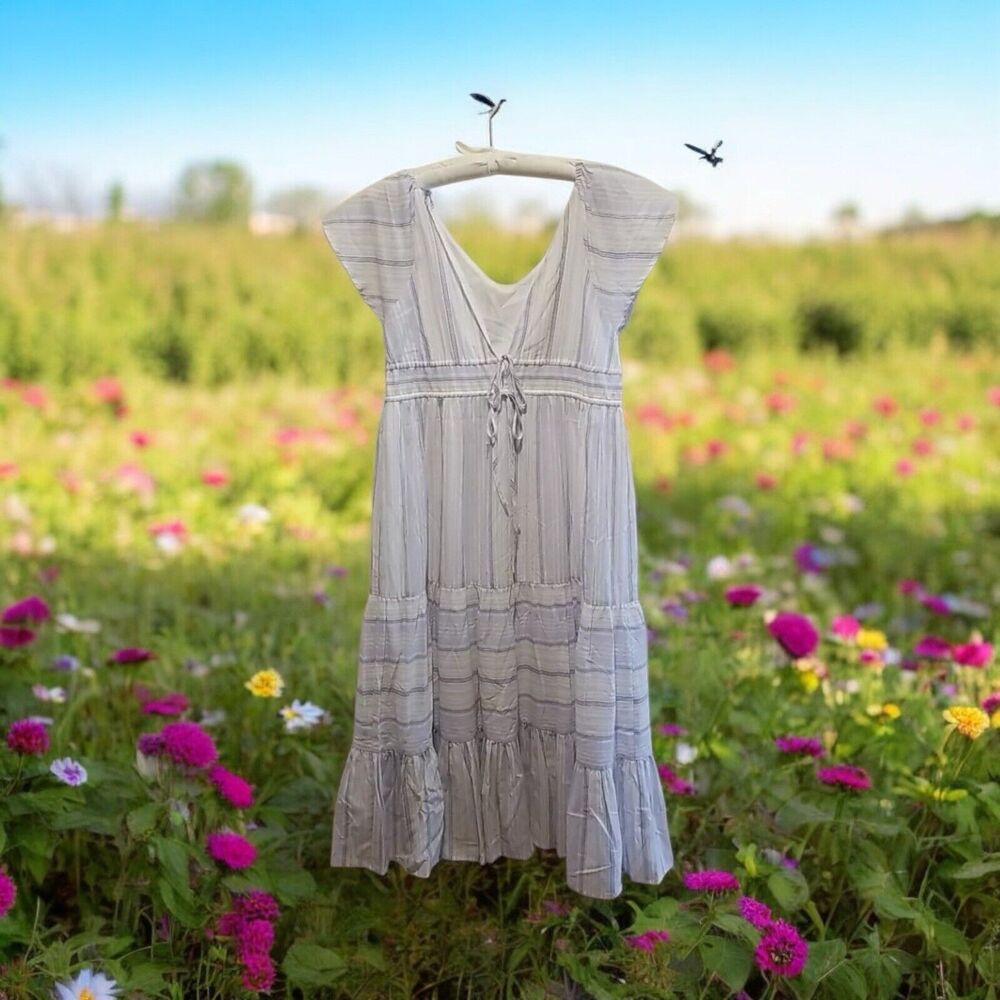 Sundays Anthropologie Sadie Maxi Dress White Blue Deep V Neckline Women’s Size S